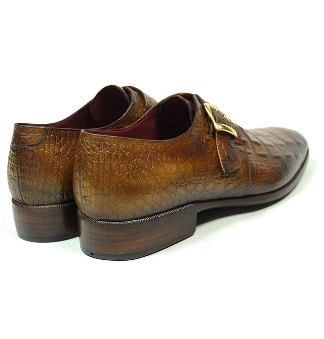 Tan Embossed Crocodile Monk Shoes