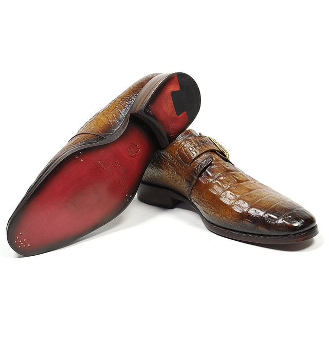 Tan Embossed Crocodile Monk Shoes