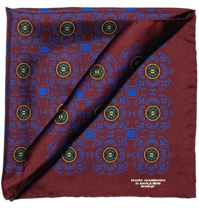 Dark Red Silk Pocket Square - Byzantine Design