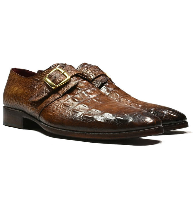 Tan Embossed Crocodile Monk Shoes